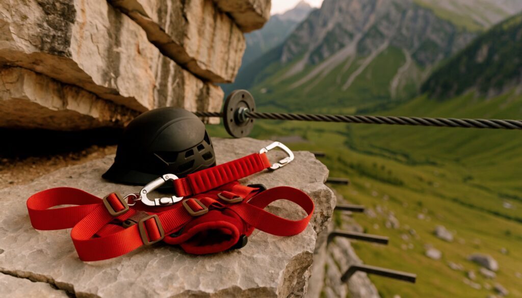 Klettersteigset ausleihen: Helm, Klettergurt und Klettersteigset mit Karabinern auf einem Felsabsatz neben dem Stahlseil eines Klettersteigs