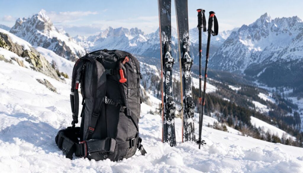 Lawinenrucksack mieten: Airbag-Rucksack mit Auslösegriff neben Tourenski im Schnee