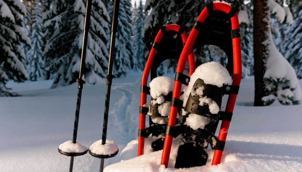 Schneeschuhe ausleihen: rote Schneeschuhe und Stöcke im Tiefschnee vor einem verschneiten Wald